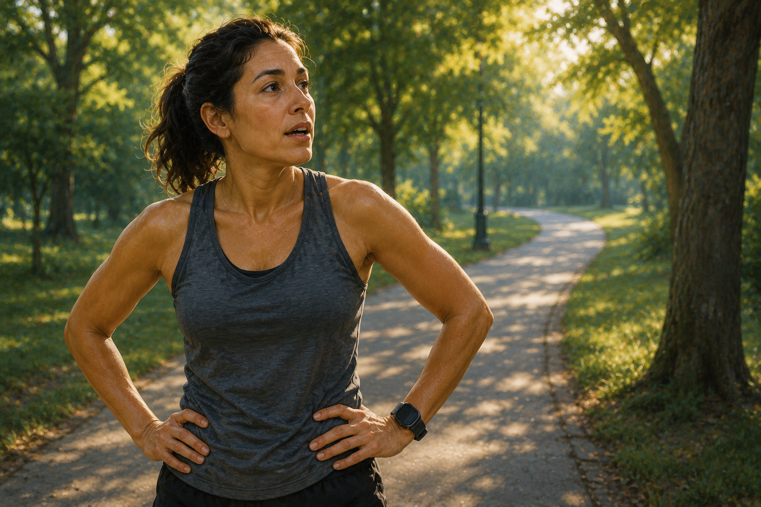 A runner slowing to a walk on a tree-lined park path in early morning light