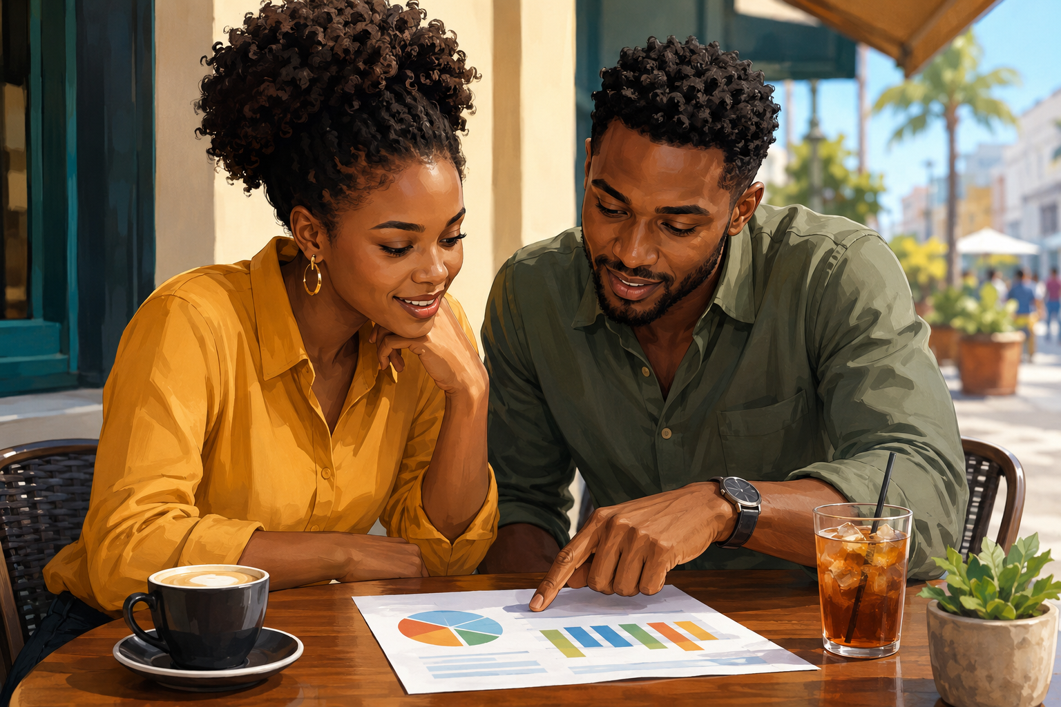 Two people reviewing a chart on paper at an outdoor cafe table, one pointing to a growth section