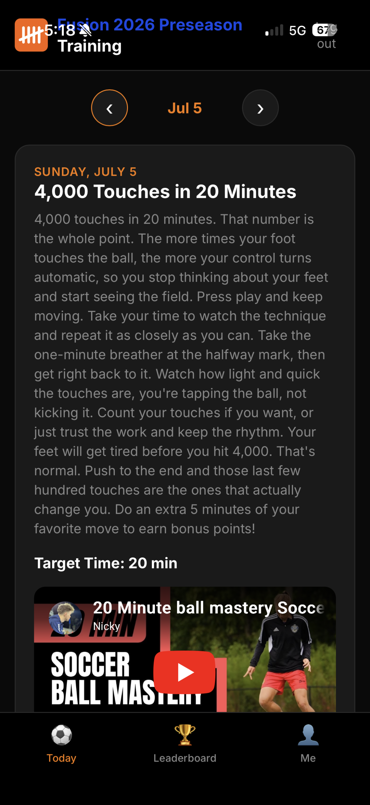 Train Daily player app, today's training screen