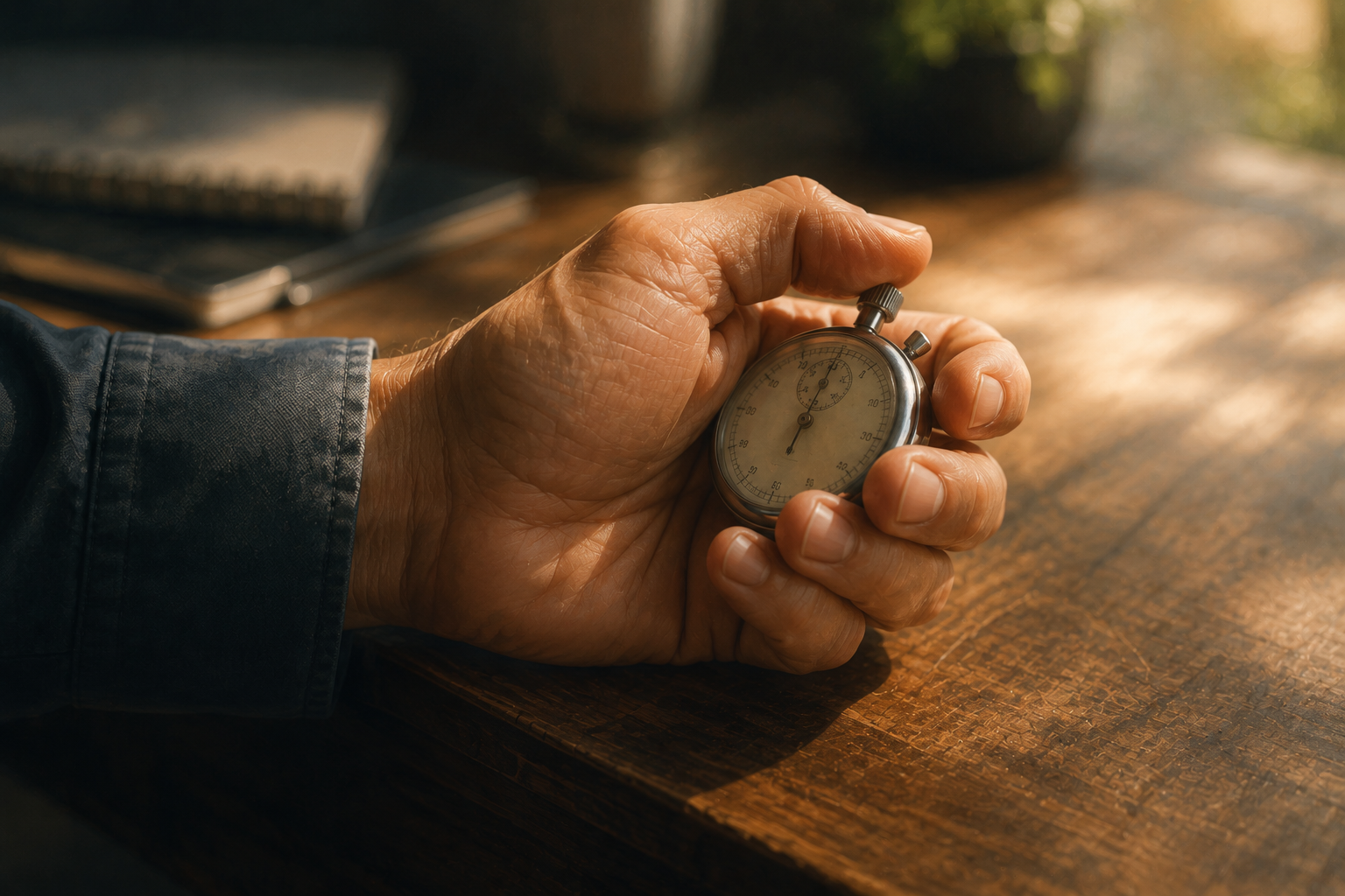 A hand holding an analog stopwatch resting on the edge of a wooden desk