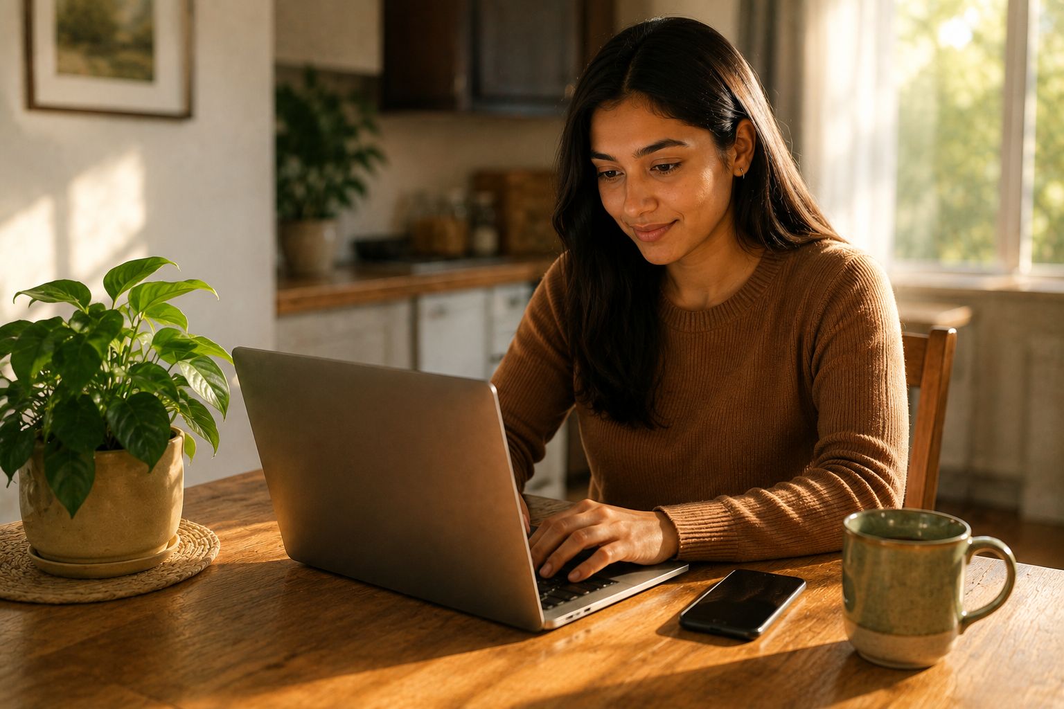 Person signing up on a laptop at a kitchen table, casual afternoon setting