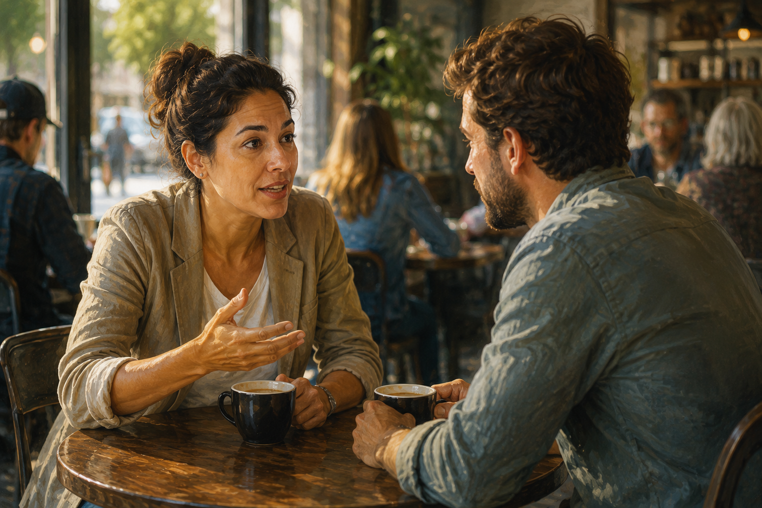 Two colleagues talking over coffee in a cafe, one gesturing while explaining a point