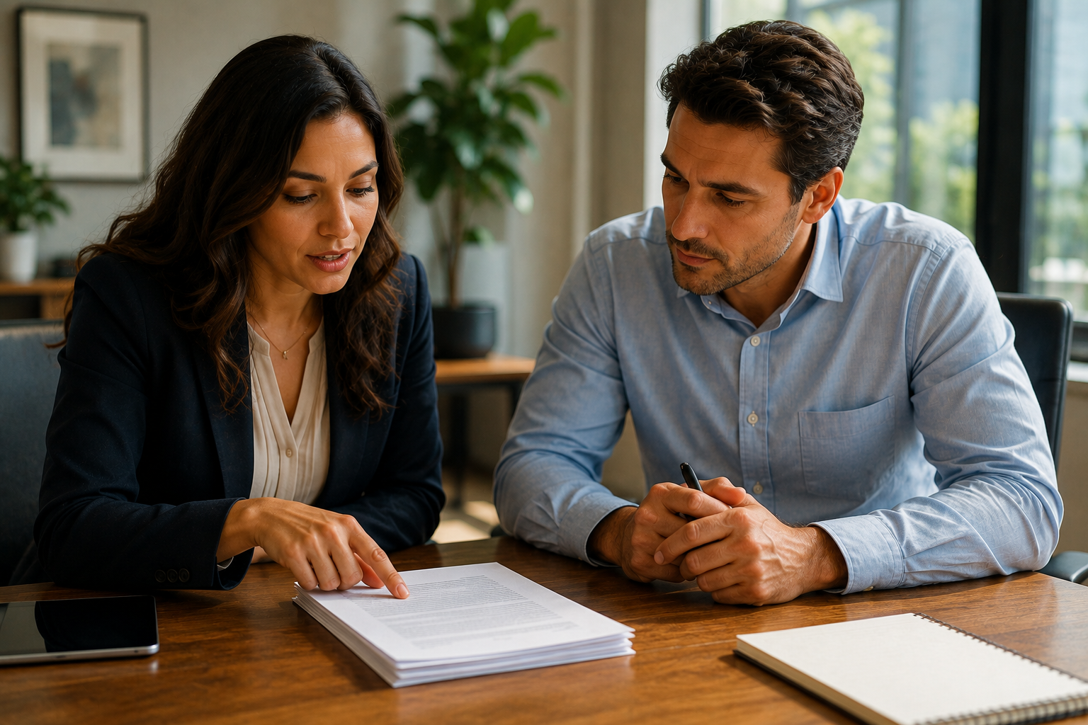 Two colleagues reviewing an affiliate terms document at a table