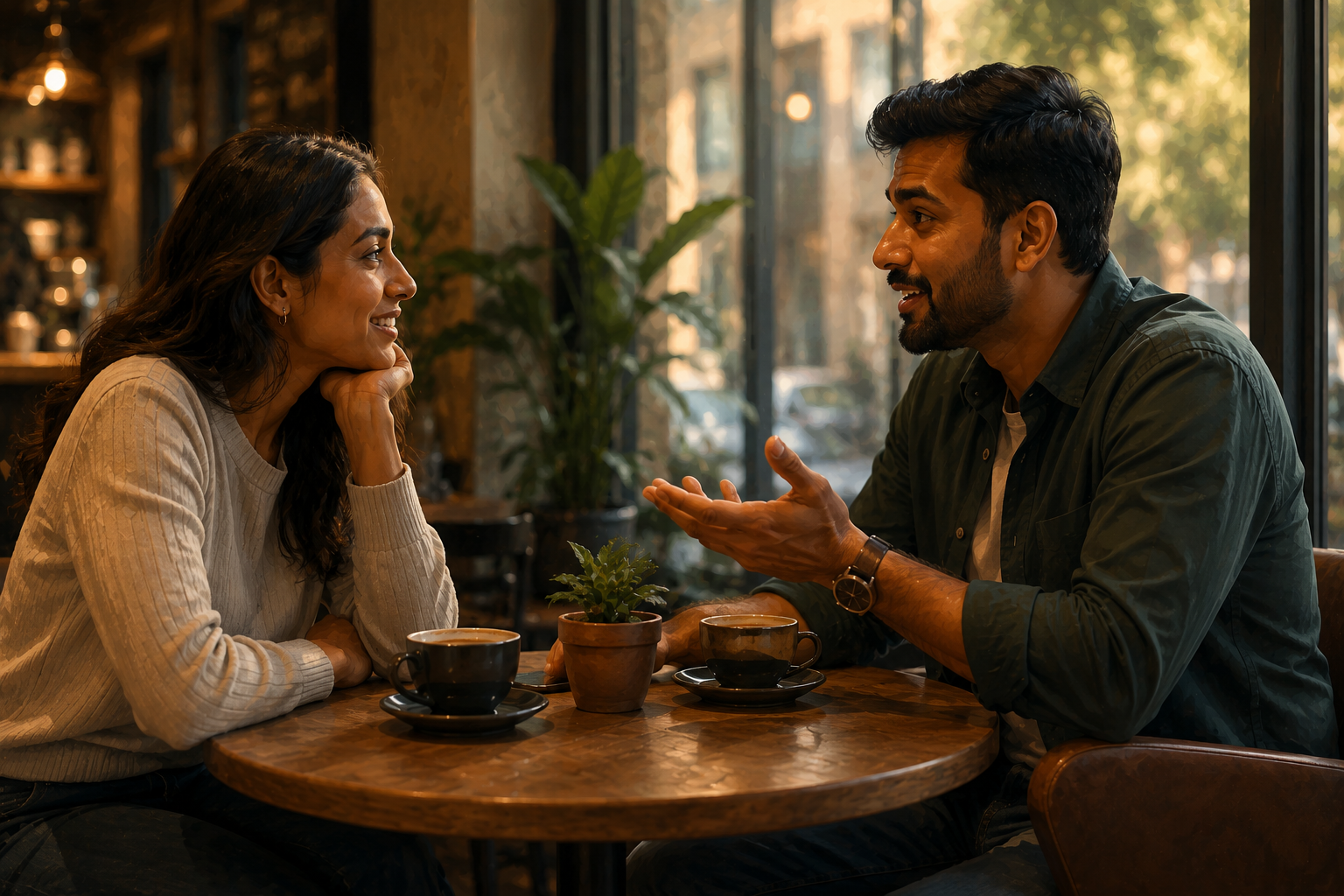 Two people talking over coffee at a casual table