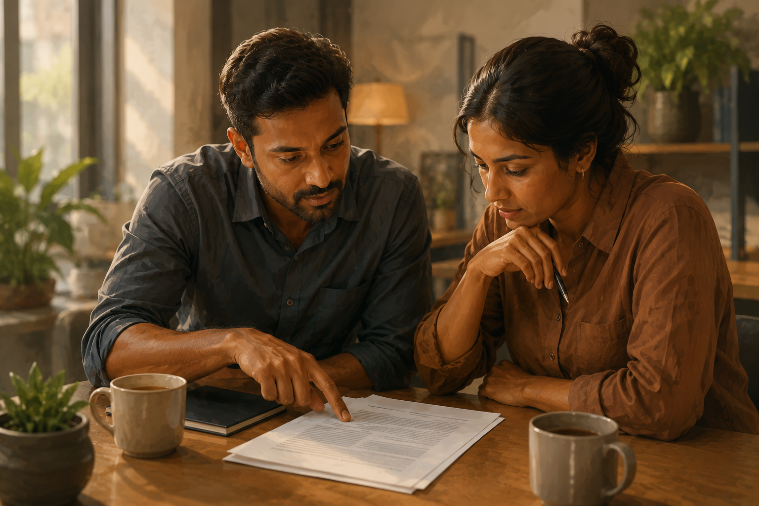 Two colleagues reviewing a printed agreement together at a table