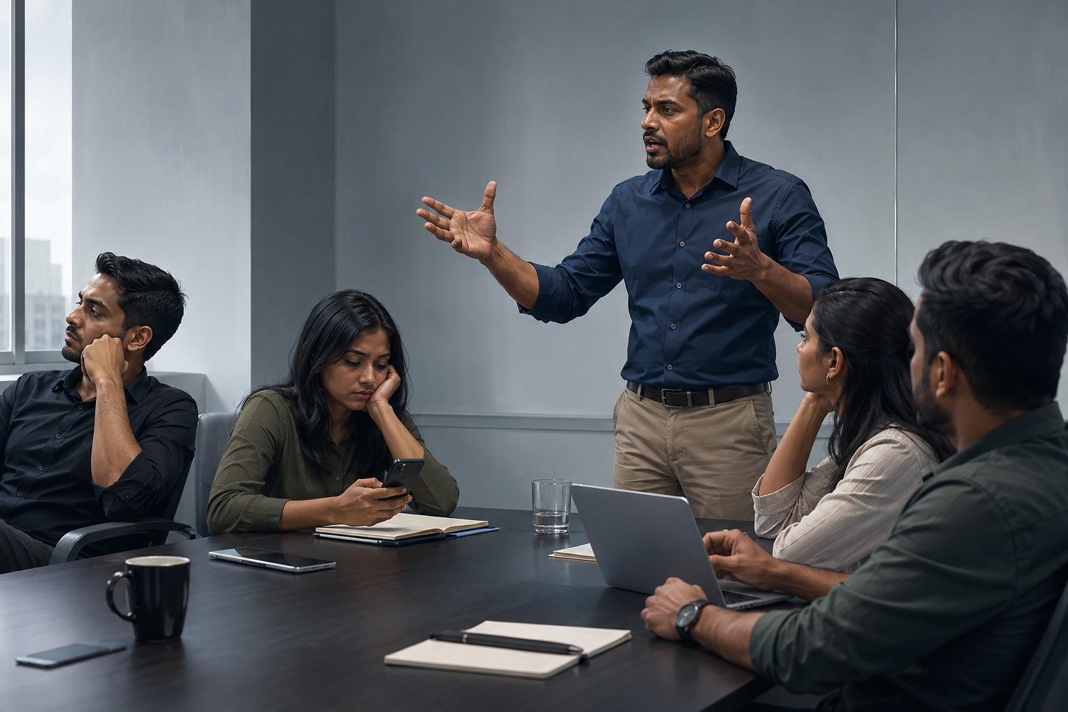 A coach trying to rally a group where several people look disengaged