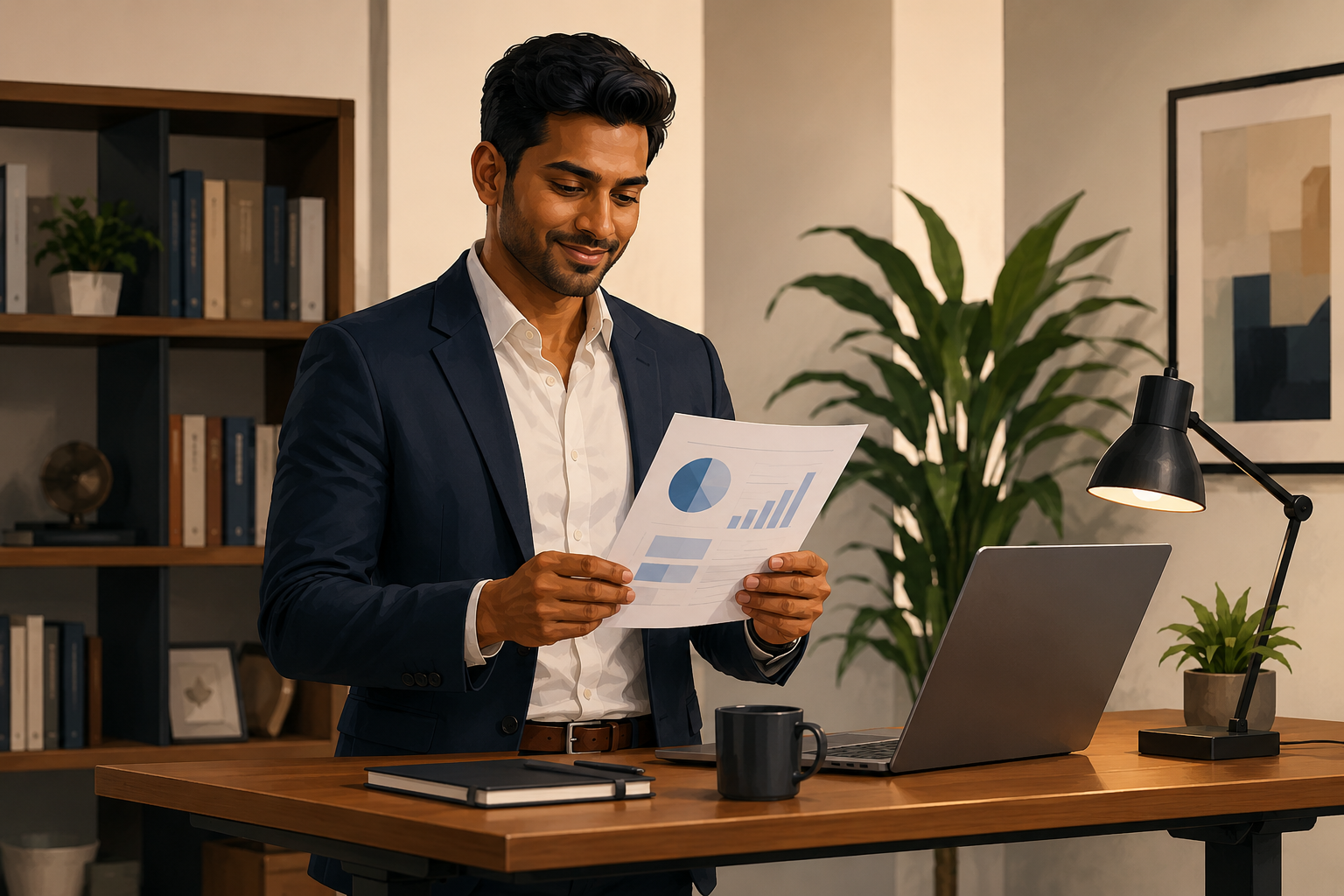 Affiliate manager at a standing desk reviewing a short printed report with a satisfied expression, warm office light, plants visible in the background