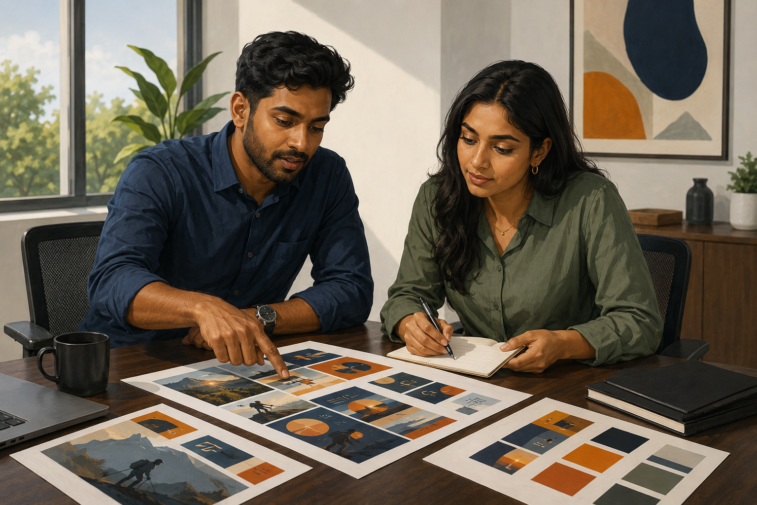 Two colleagues reviewing printed promotional materials and asset sheets spread across a conference table, natural light from a large window, collaborative and organized