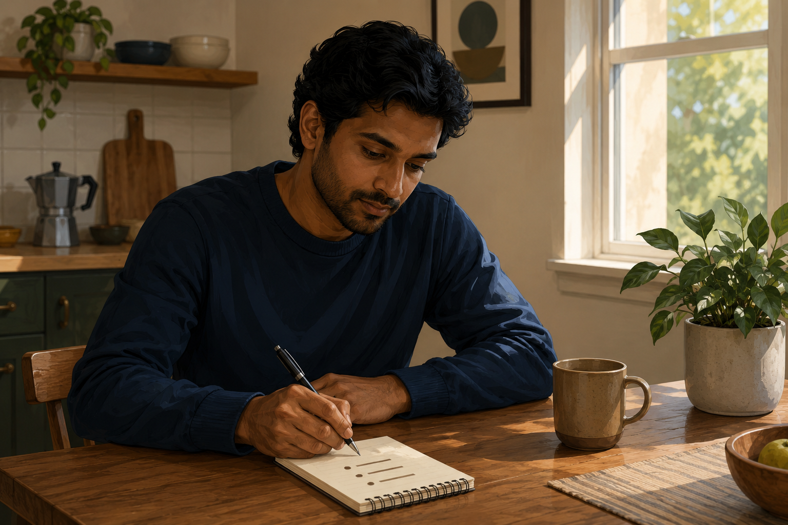 Affiliate manager writing on a notepad with a short checklist, seated at a kitchen table with morning light, calm and organized energy