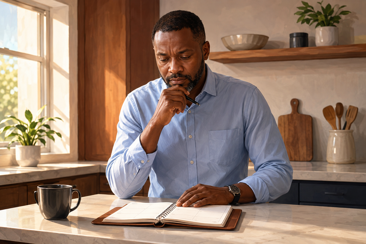 Manager planning a monthly review schedule at a kitchen table