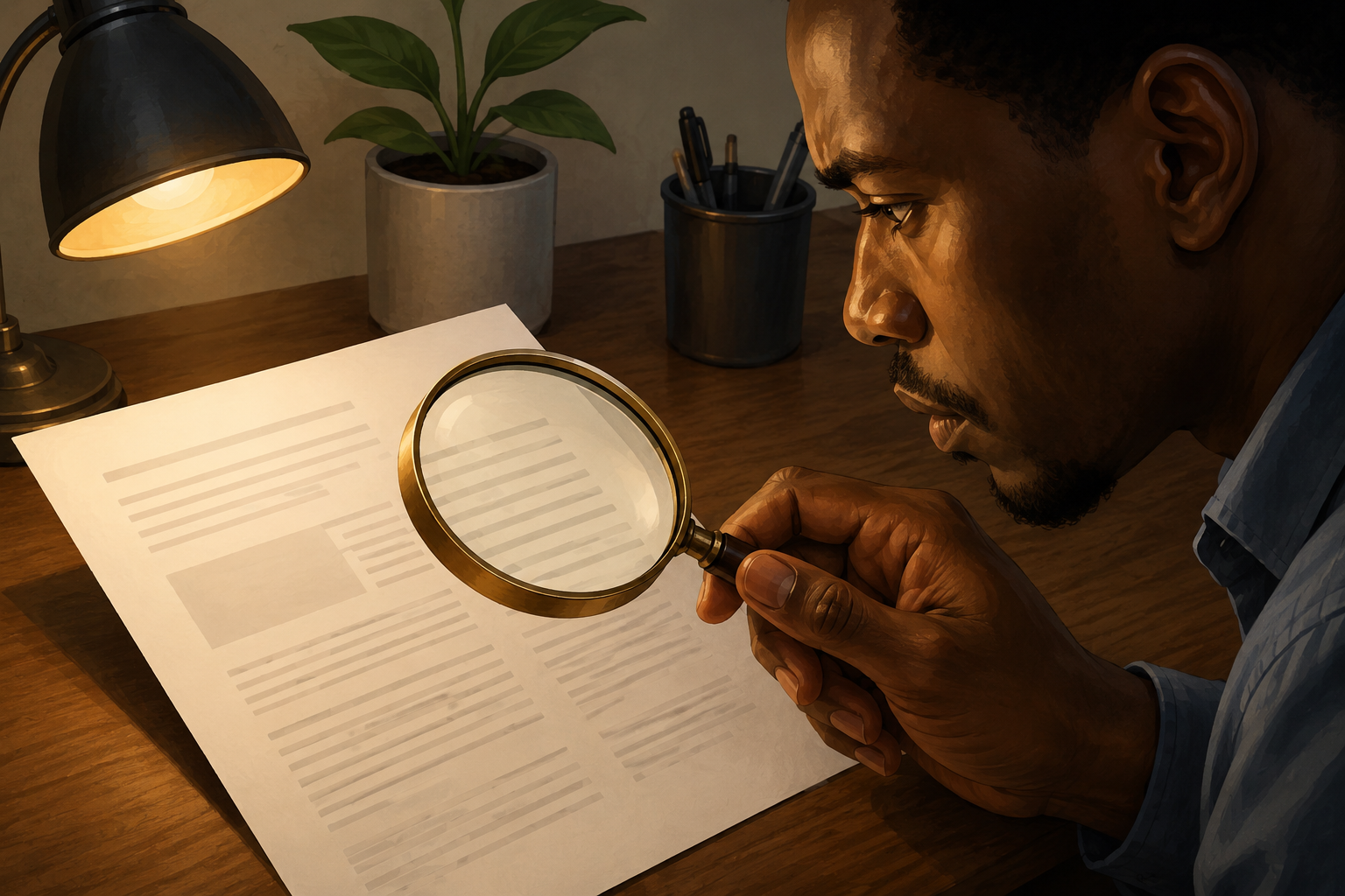 Person examining printed marketing copy with a magnifying glass