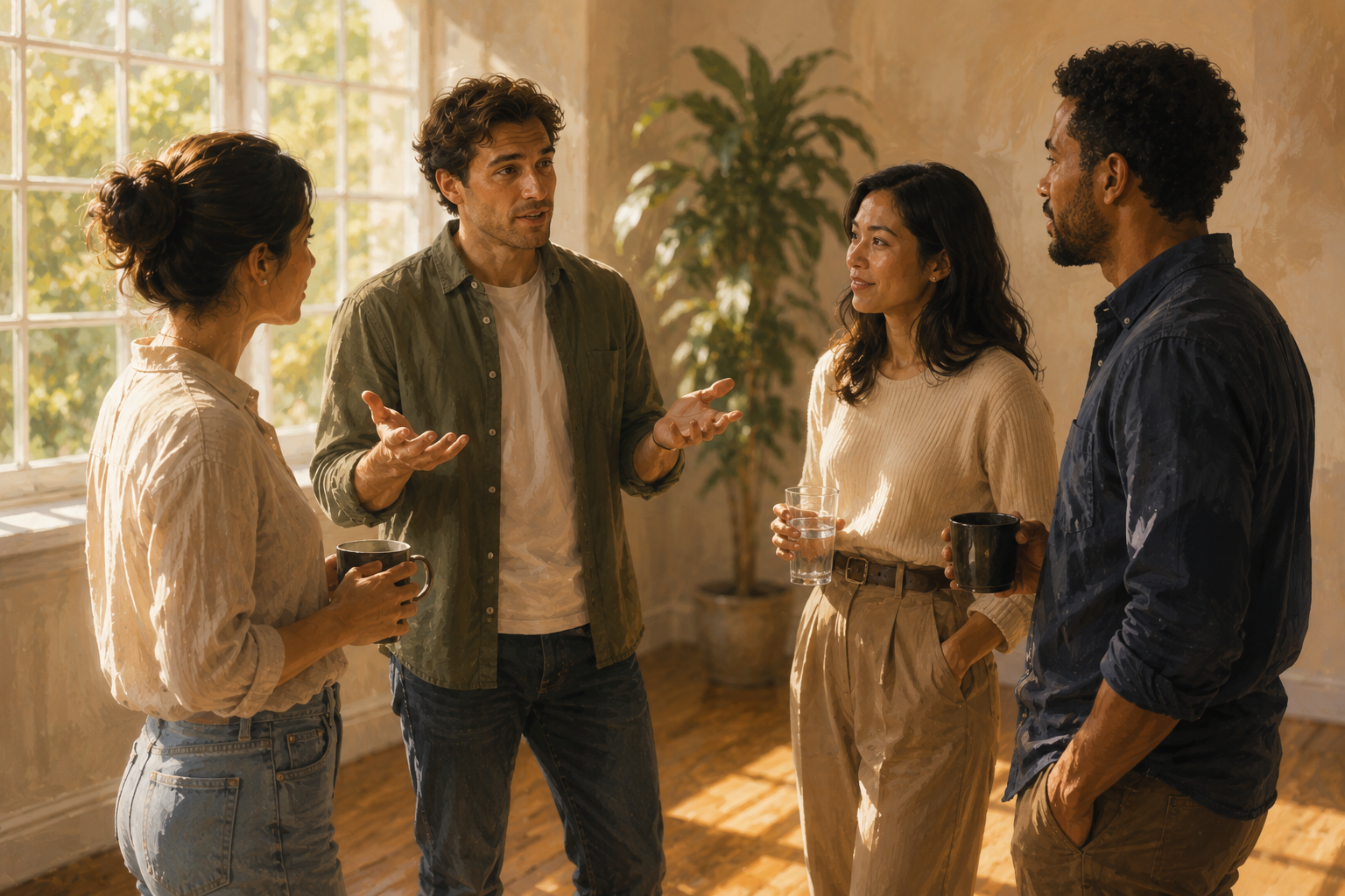 Small group at a whiteboard-free meeting discussing partnership deals