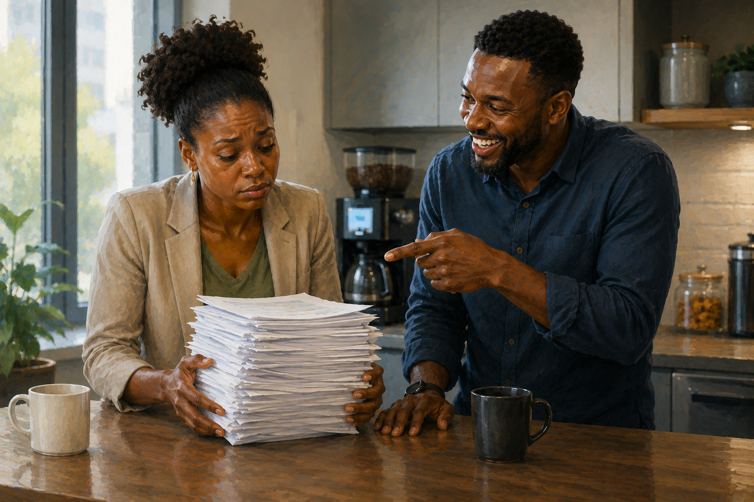 Two colleagues comparing notes over printouts at a standing counter