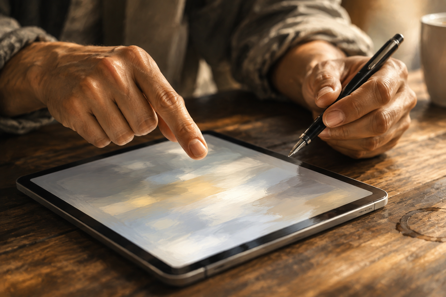Close-up of hands pointing at affiliate performance numbers on a tablet
