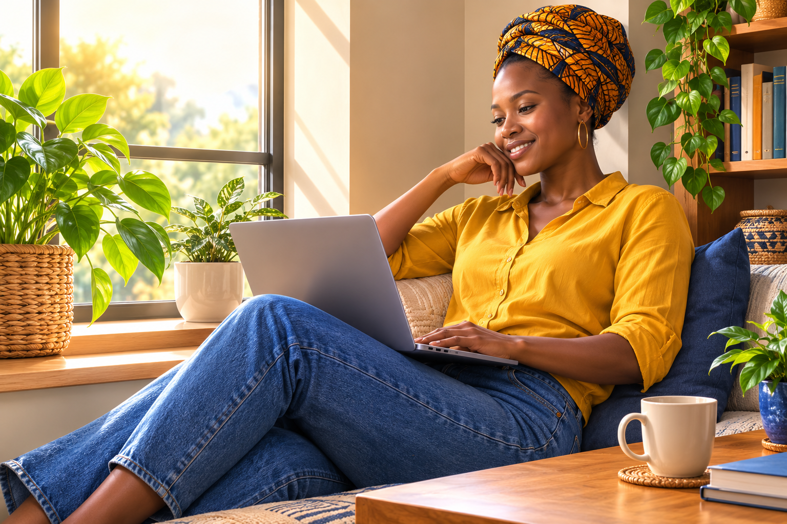 A person reading email on a laptop in a sunny window seat, relaxed posture