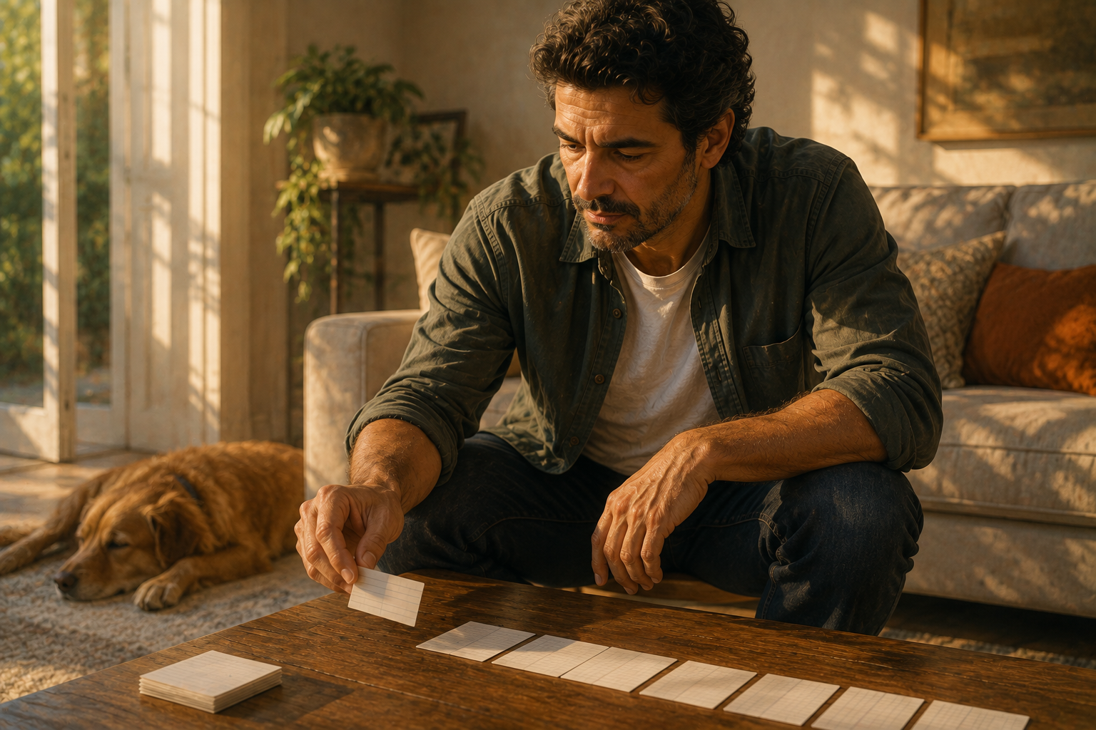 Marketer sketching an email sequence on index cards spread across a table