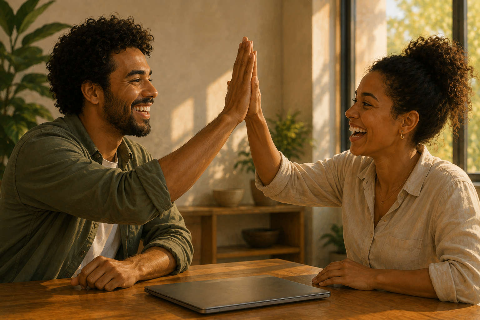 Two people high-fiving over a finished project at a table with a laptop closed