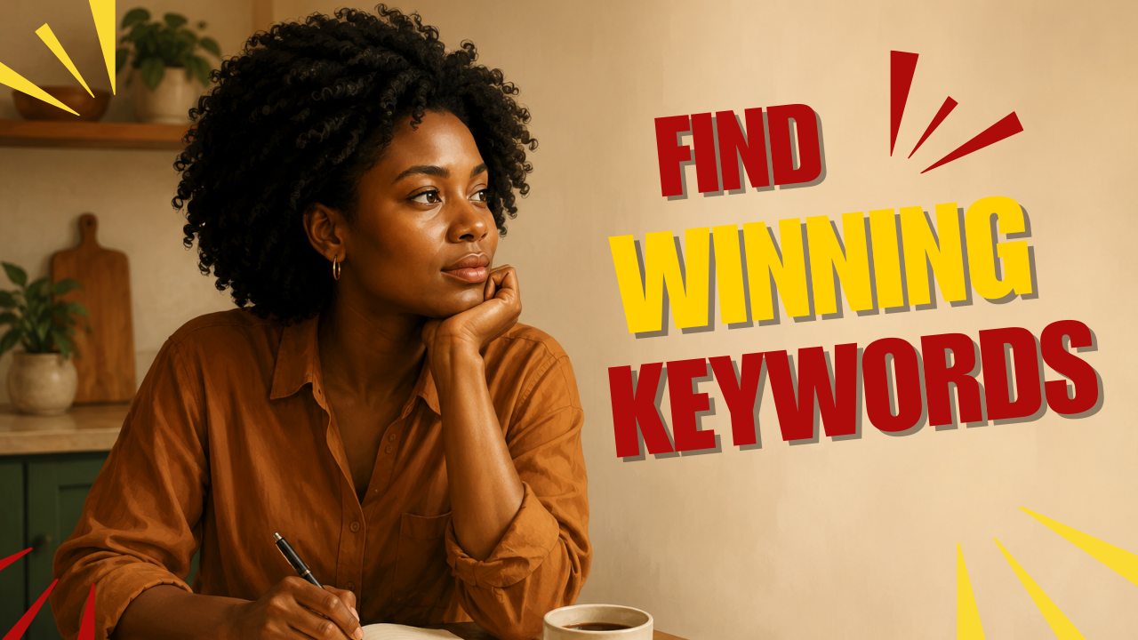 Affiliate marketer planning keyword research with a notebook and coffee