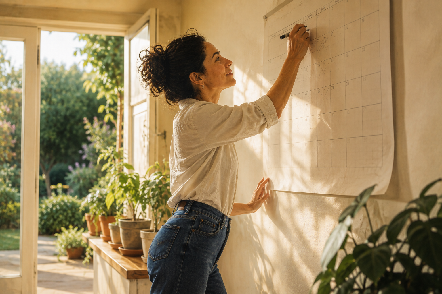 Person marking promotion dates on a wall calendar in a sunlit room