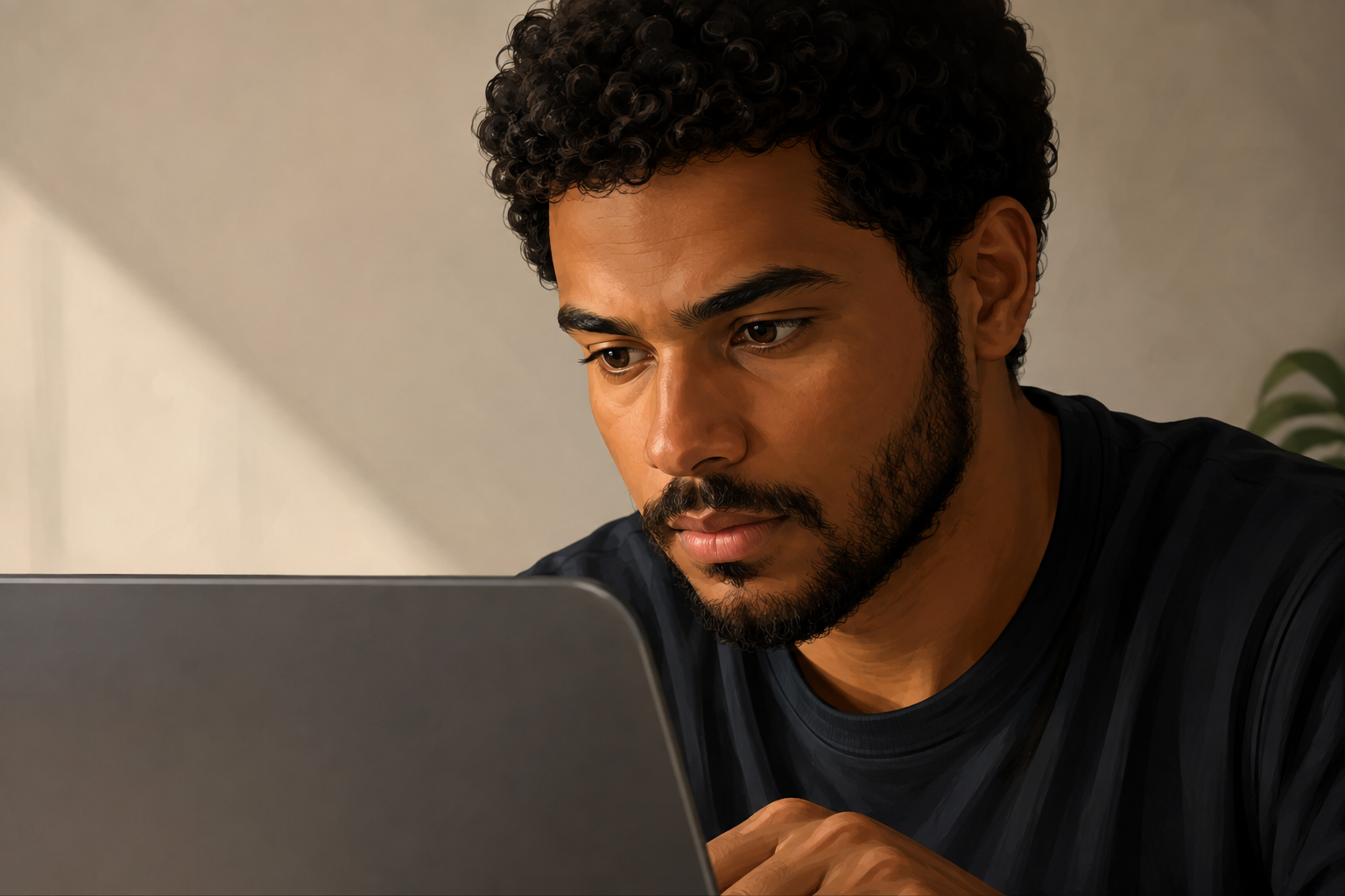 Close-up of a laptop screen edge with a person's hands resting nearby, reading a disclosure line
