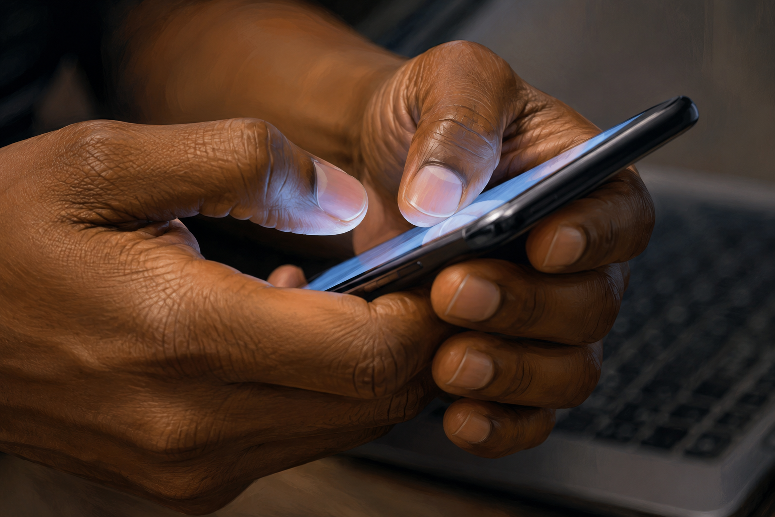 Close-up of hands copying an affiliate tracking link on a phone