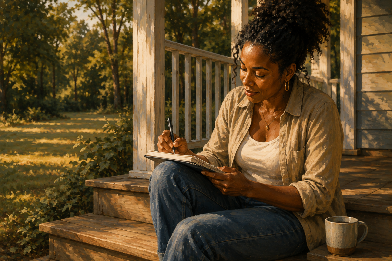 Woman writing in a notebook on a porch step with a mug beside her