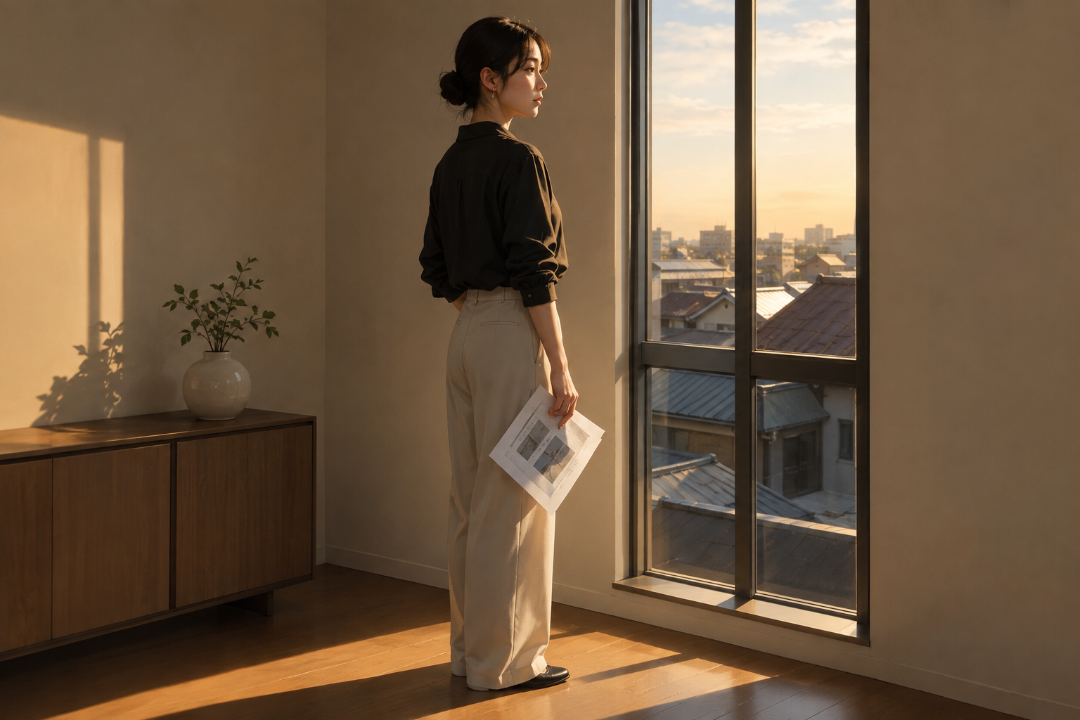 Manager standing at a window reviewing a printed list of flagged affiliate activity