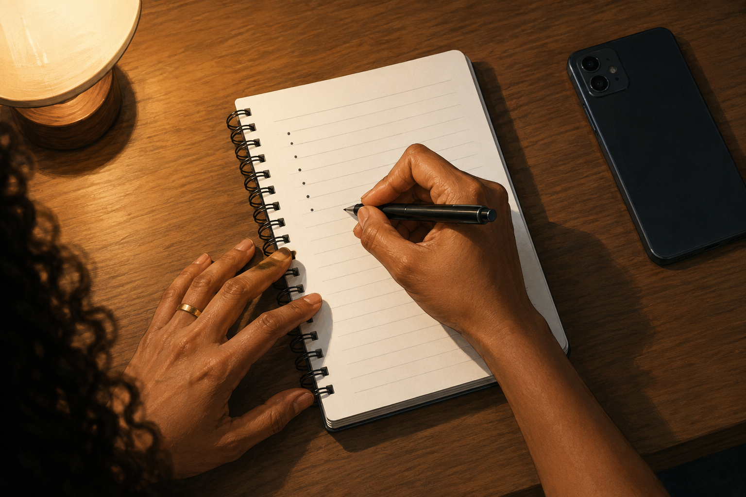 Close-up of hands writing a short list in a notebook