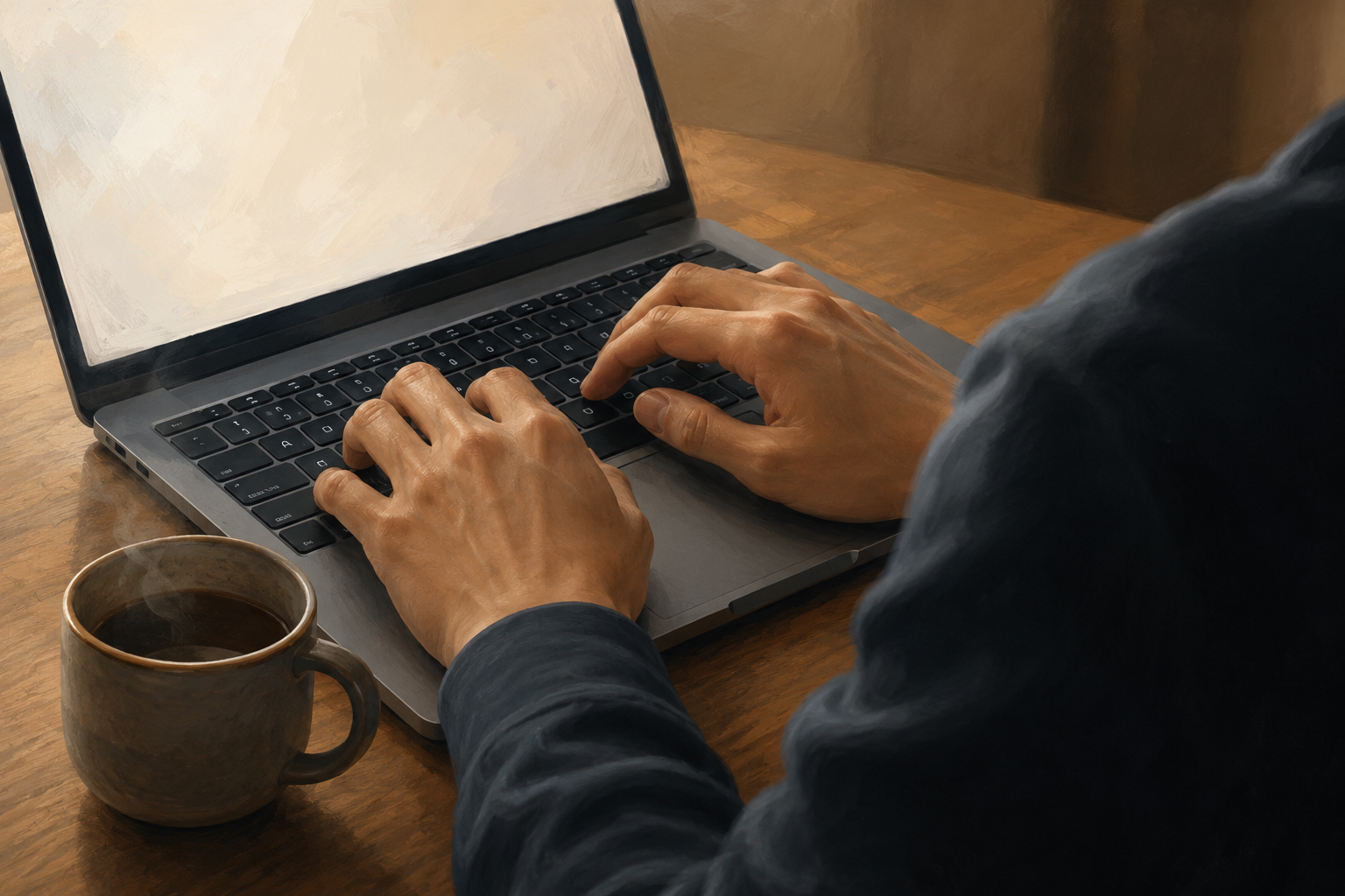 Close up of hands typing a reactivation email to dormant affiliates on a laptop keyboard