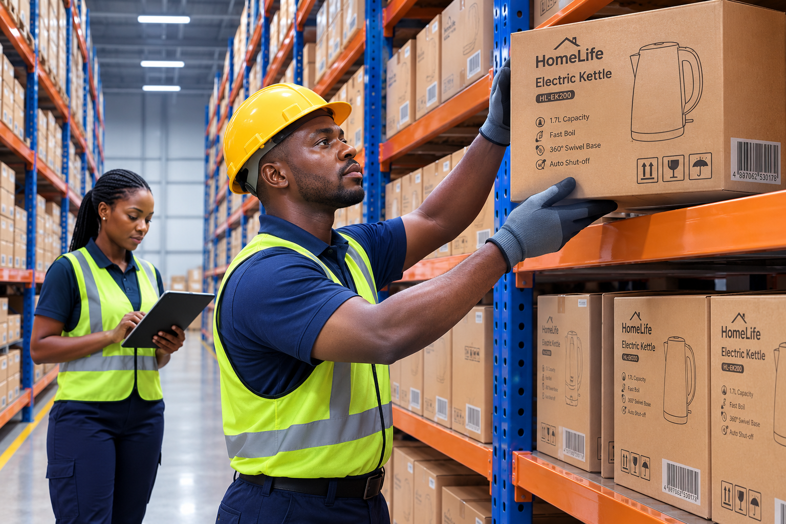 Product boxes stacked on warehouse fulfillment shelves