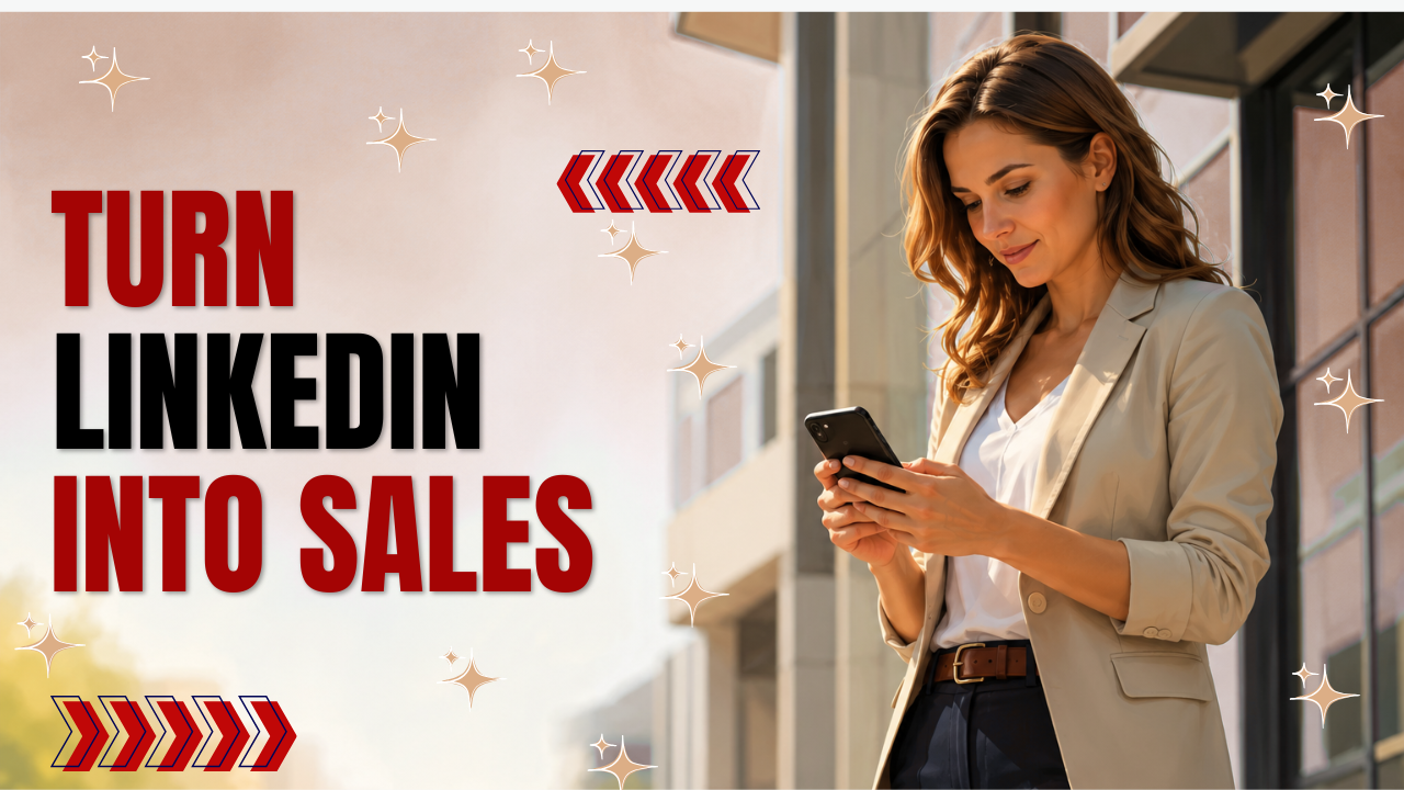 A woman in business casual clothing checking LinkedIn on her phone outside an office building