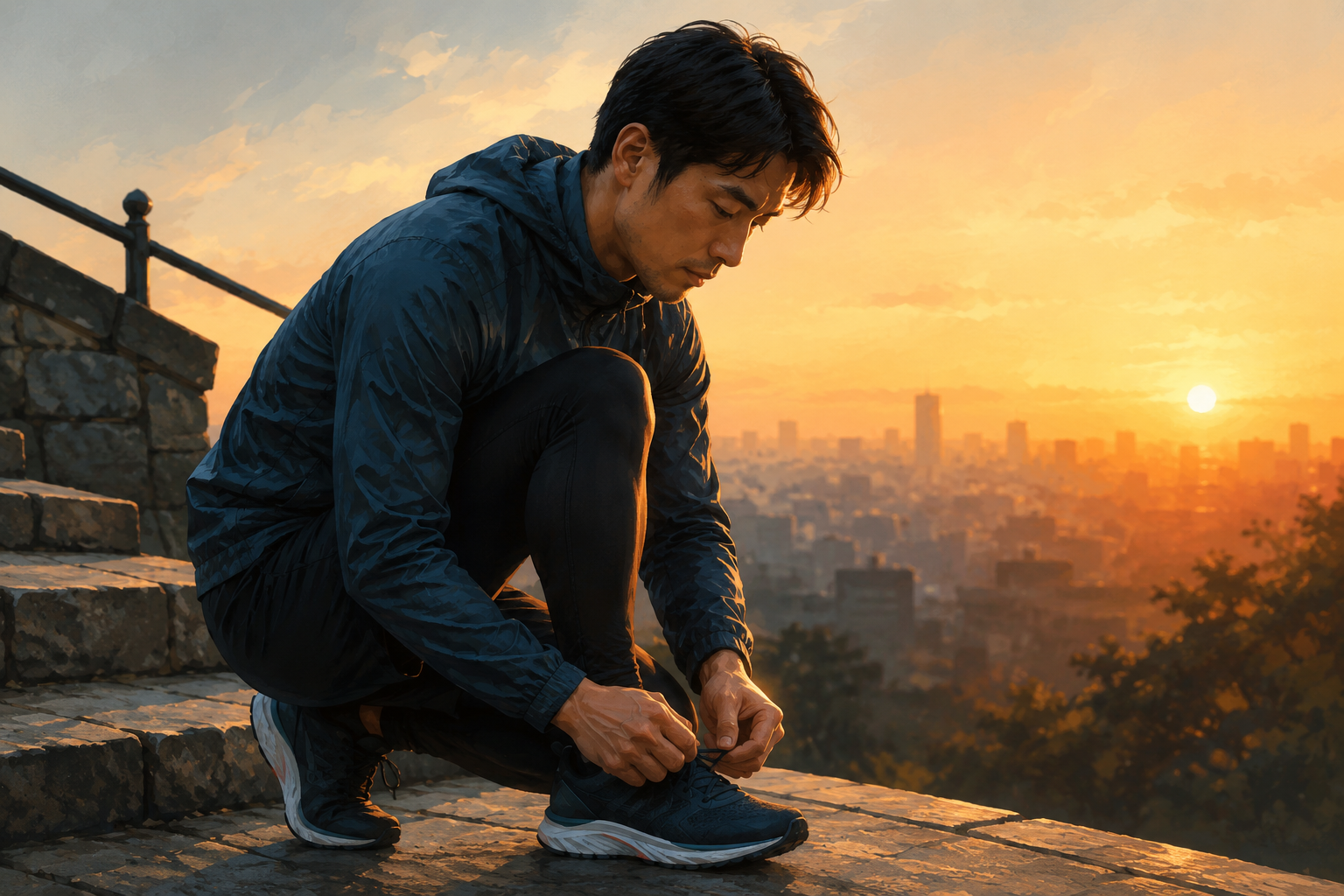 Runner tying a shoelace on outdoor steps at sunrise before a run