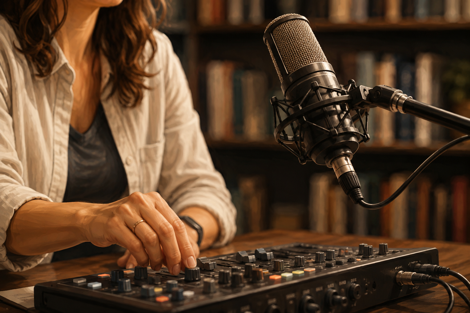Close-up of hands adjusting a podcast mixing board with a microphone in frame