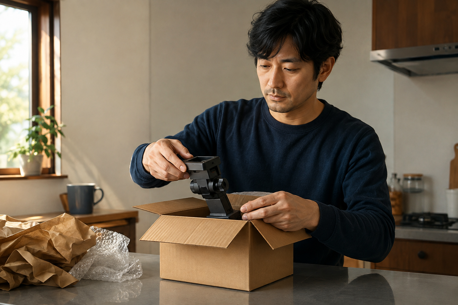 Person unboxing and setting up a piece of equipment on a kitchen counter