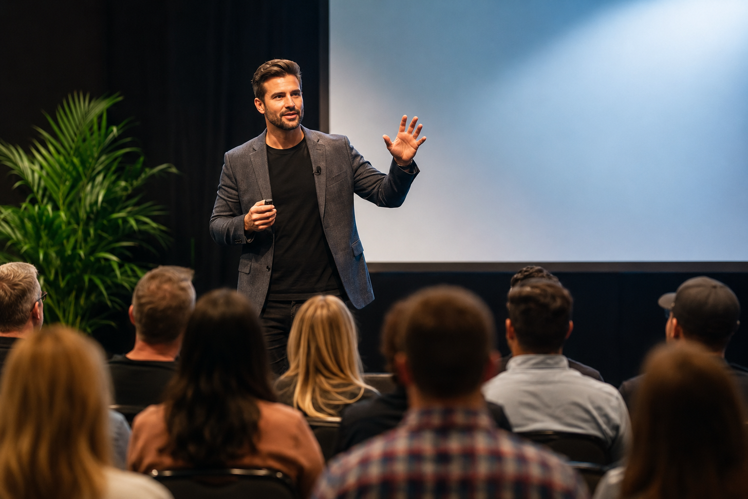 A marketer mid-gesture speaking on a small conference stage