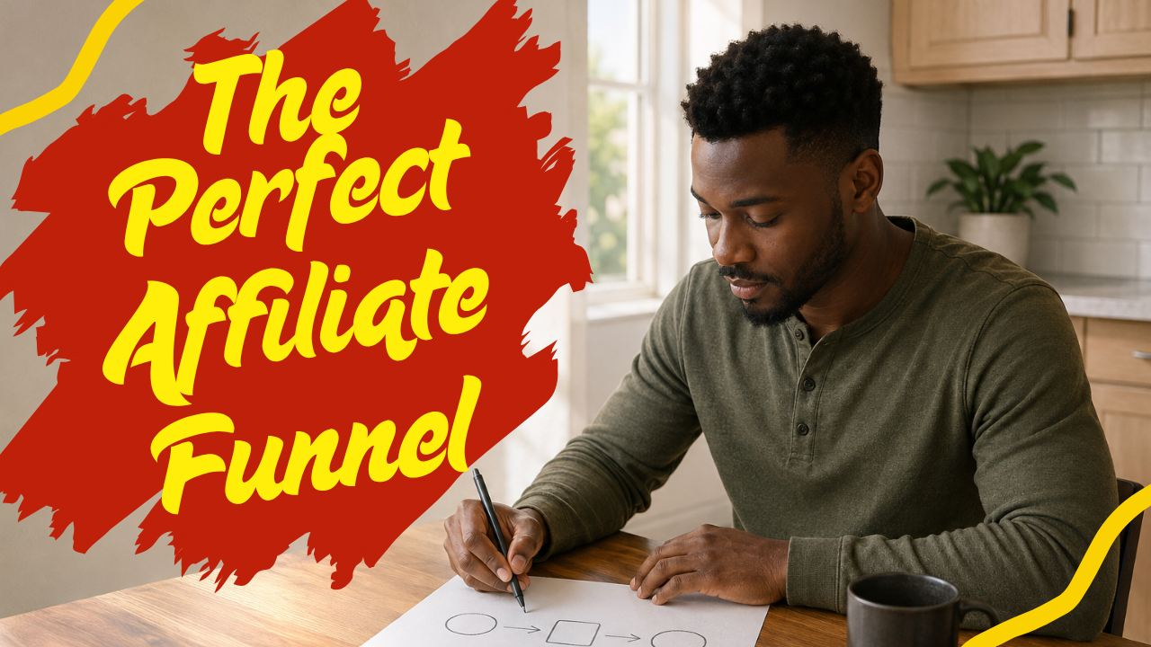 Affiliate marketer sketching a simple funnel on paper at a kitchen table