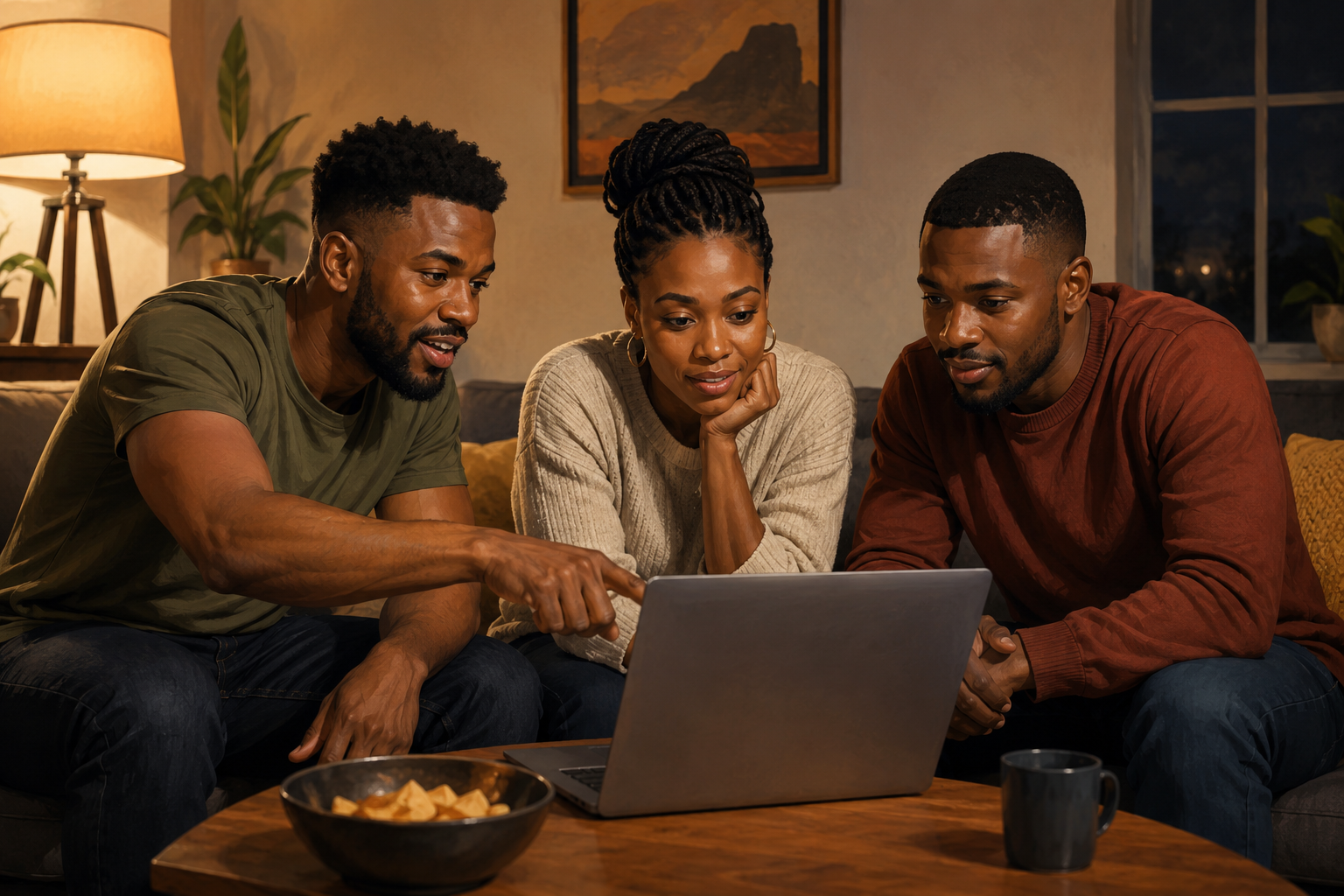 Small group of people gathered around a laptop on a couch, one person pointing at the screen while others listen