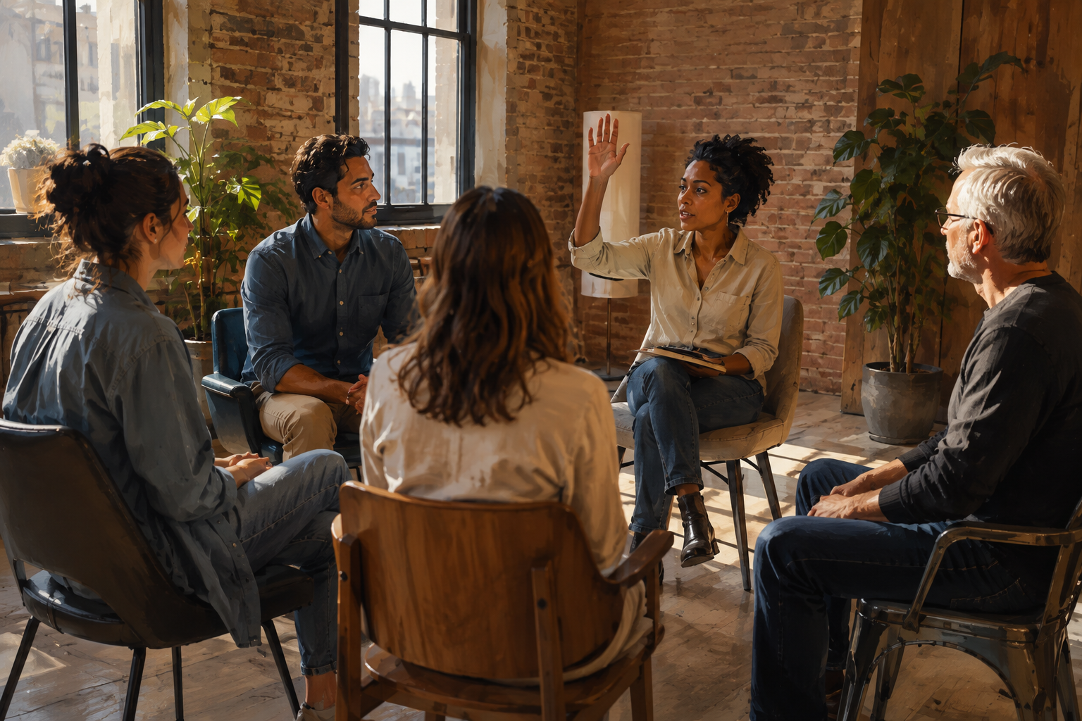 Group of people in conversation at a workshop