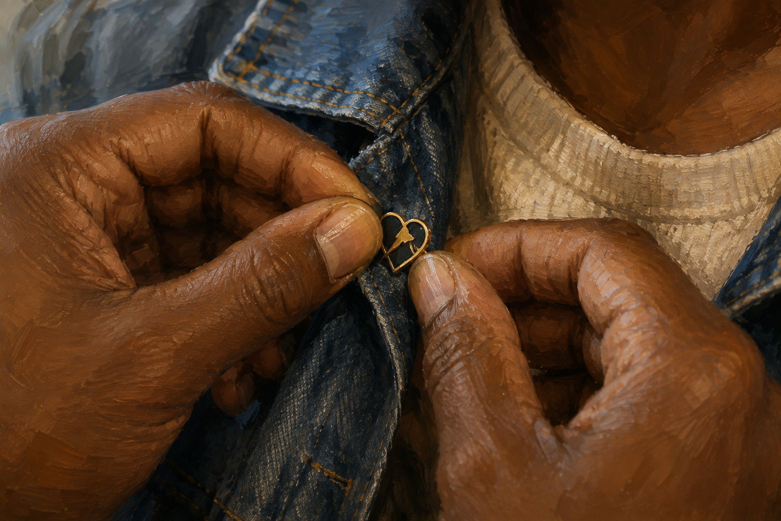 Hands pinning a small enamel pin onto a jacket lapel