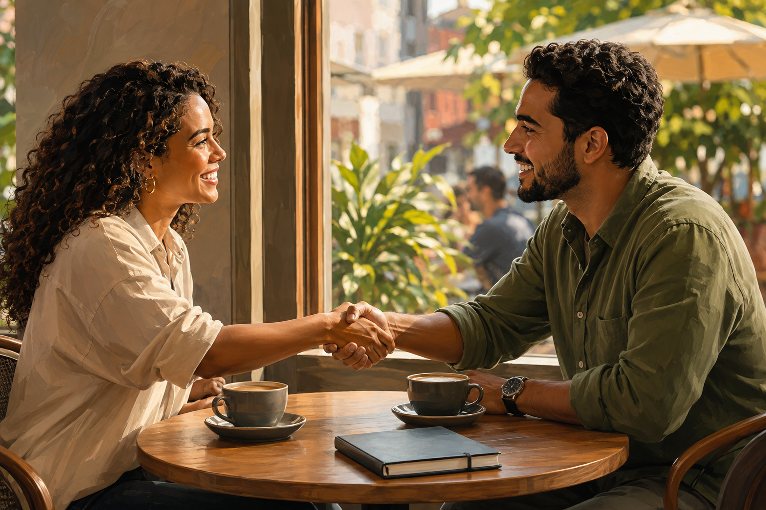 Two business partners shaking hands after an in-person conversation