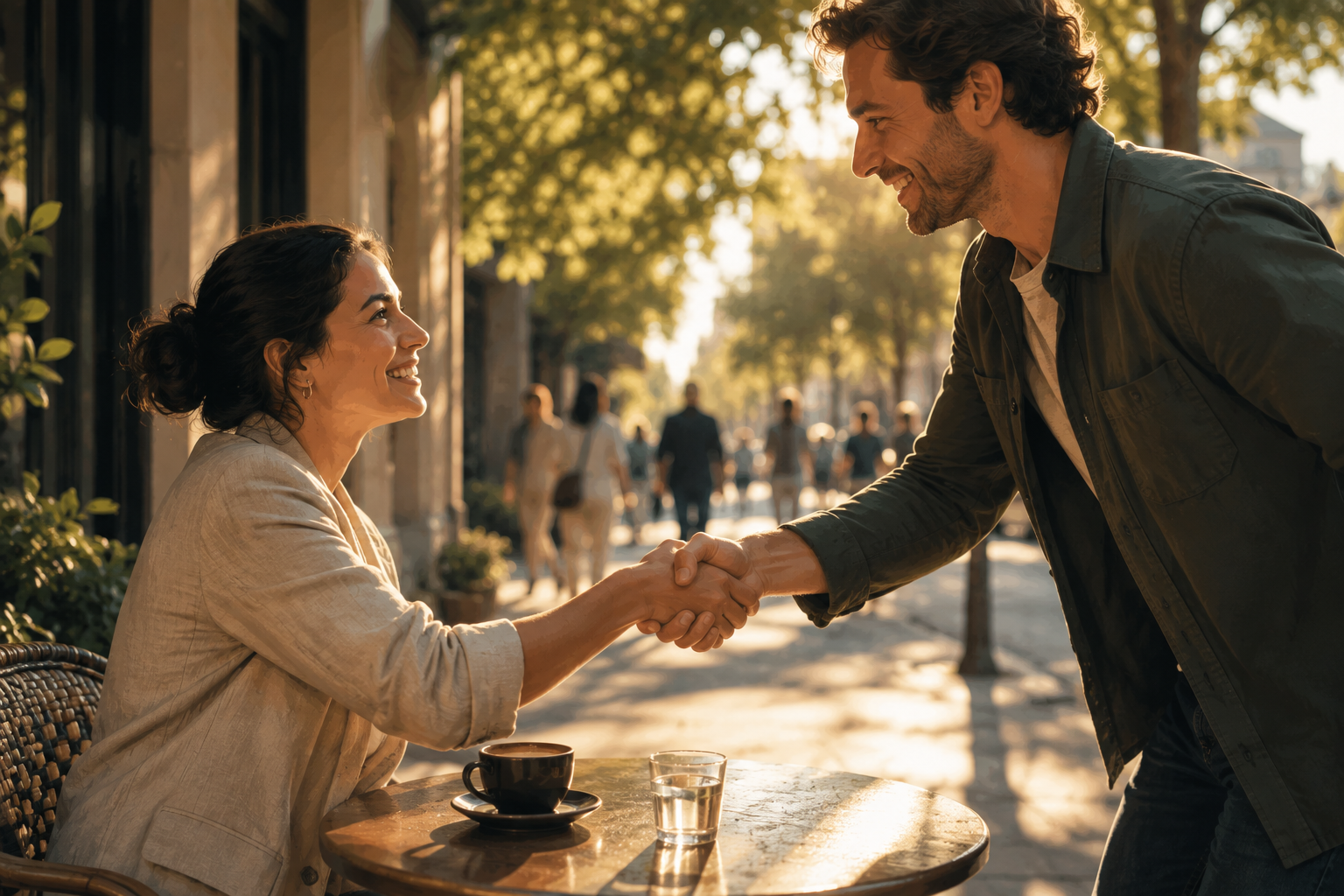 Two partners shaking hands over coffee outdoors