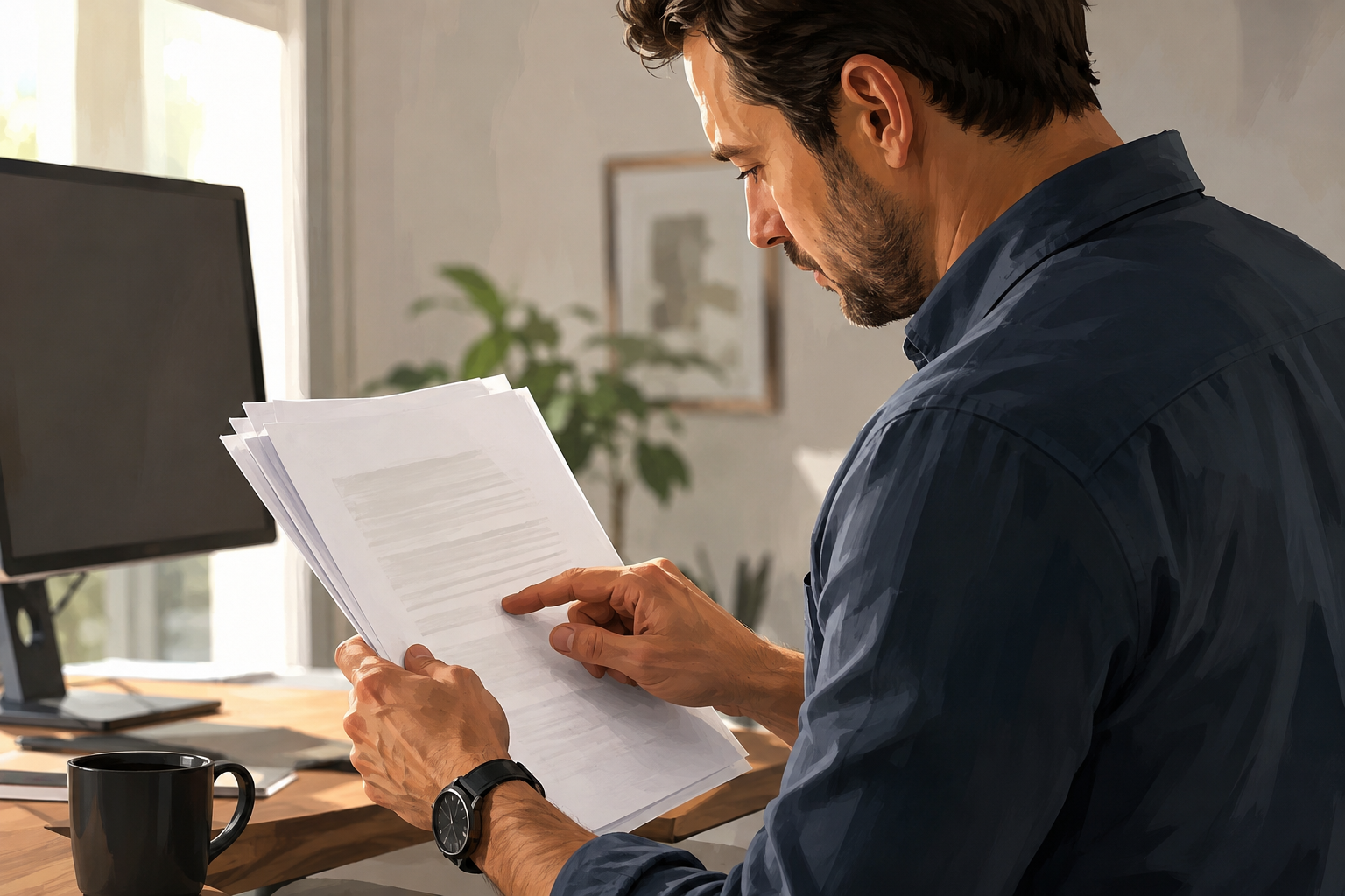 Manager scanning a printed affiliate roster at a standing desk
