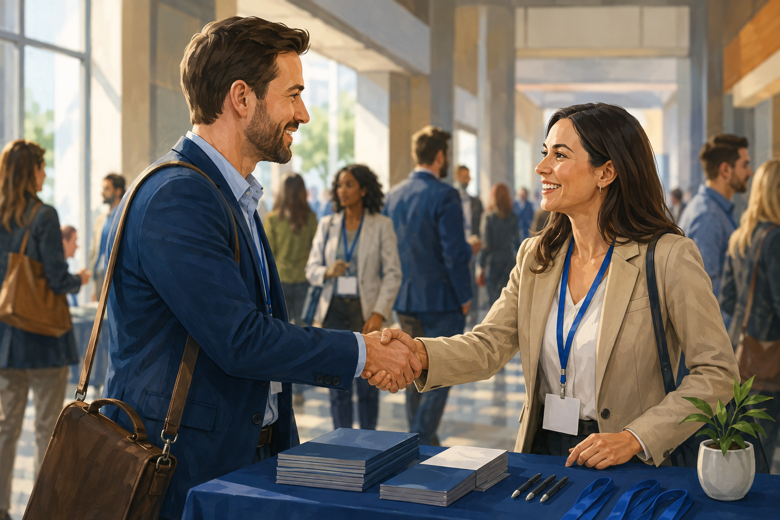 Two affiliate management professionals shaking hands at a conference