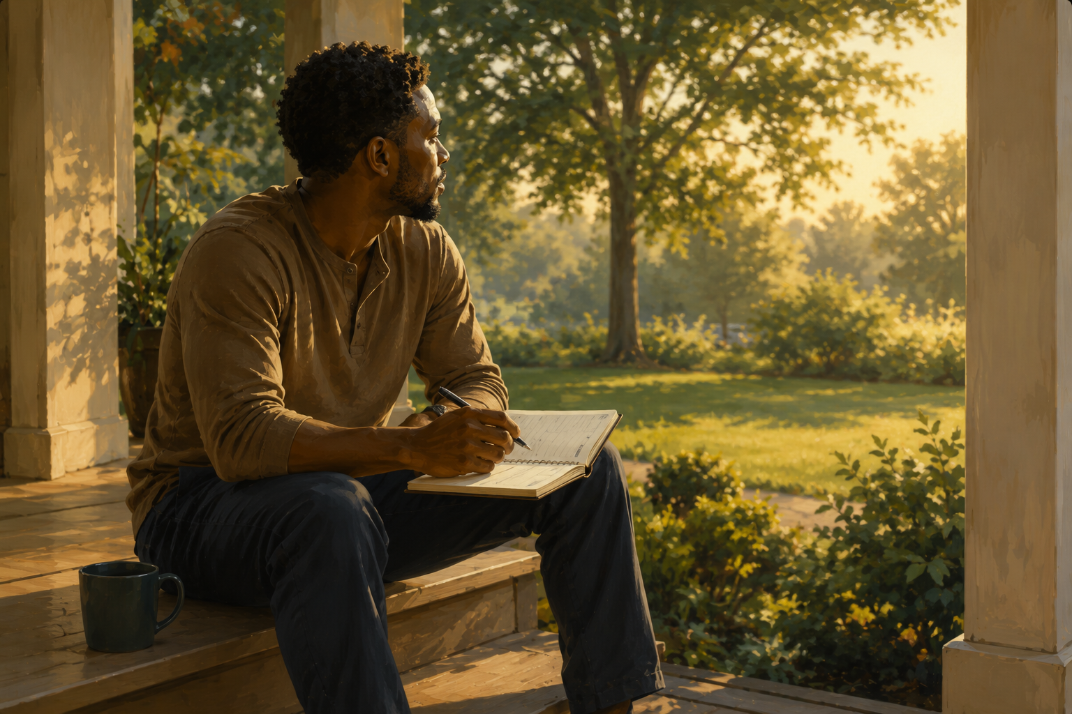 Person writing in a planner on a porch in morning light