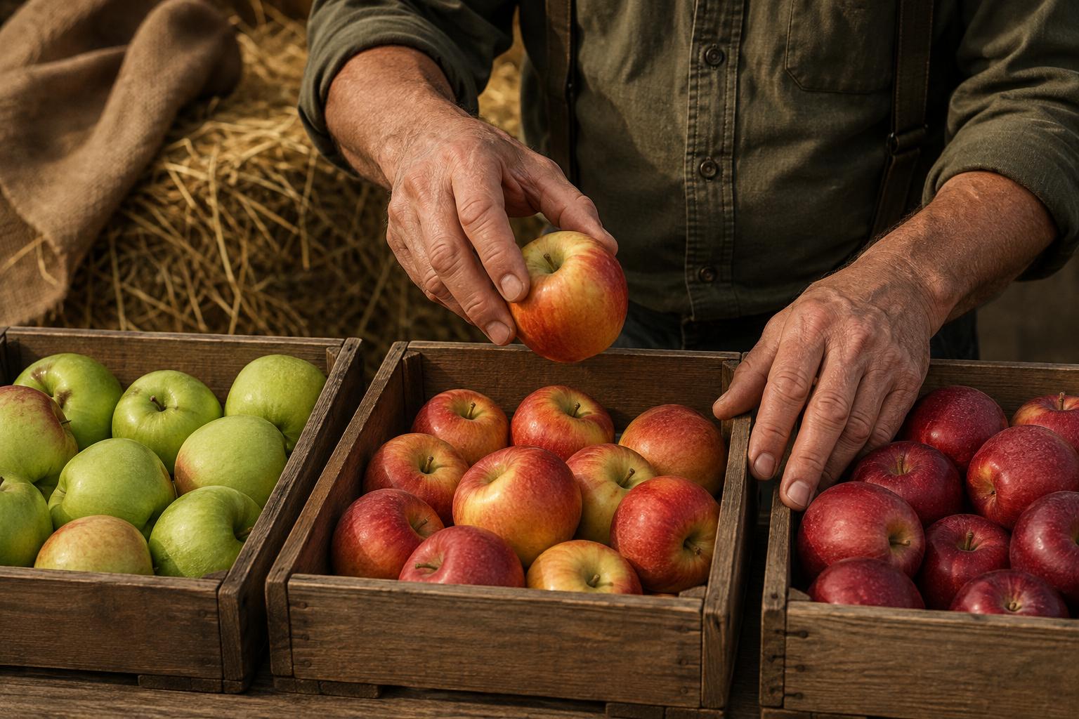 Hands sorting apples into three separate crates