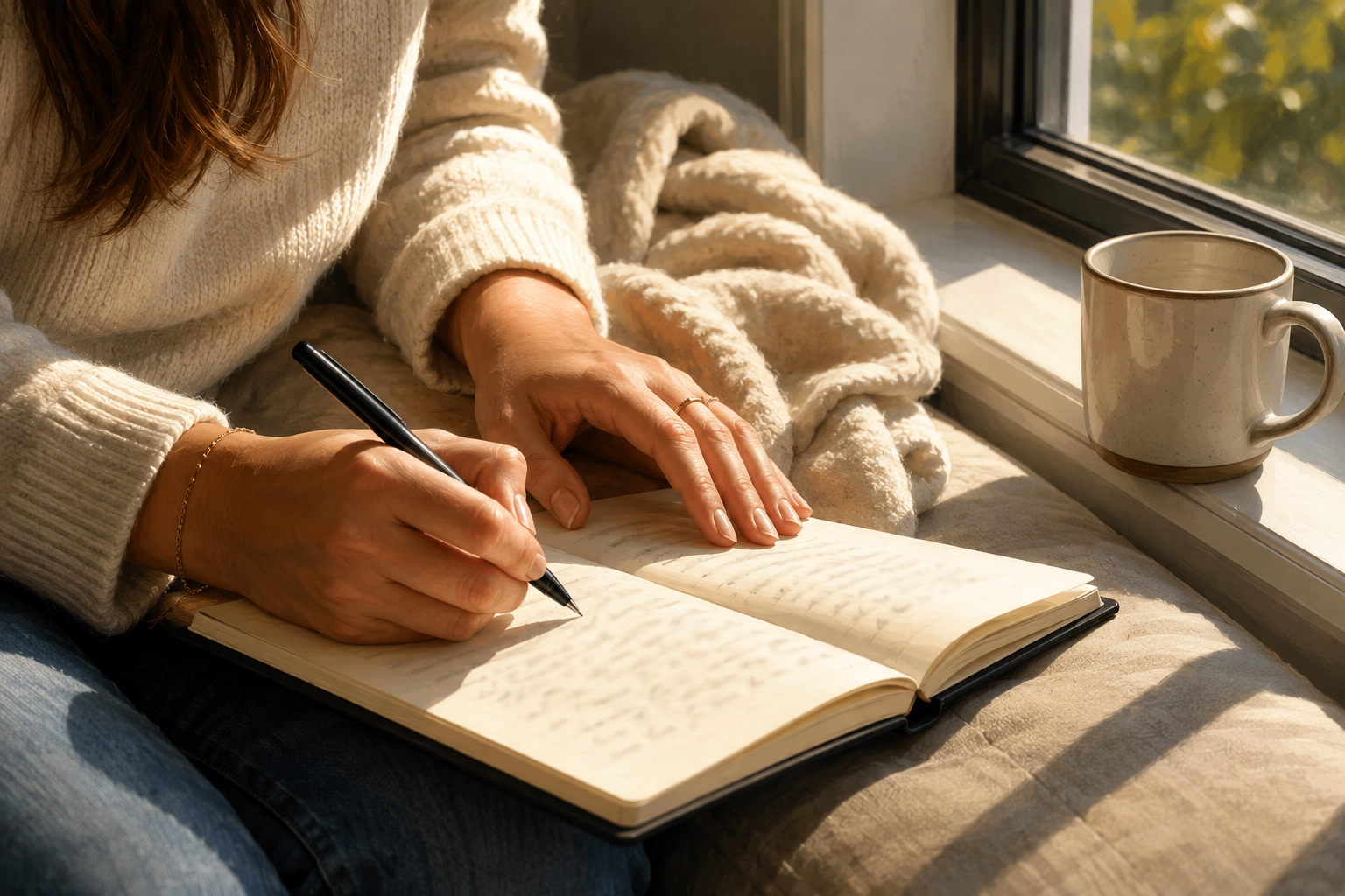 Close-up of hands writing at a sunlit window seat