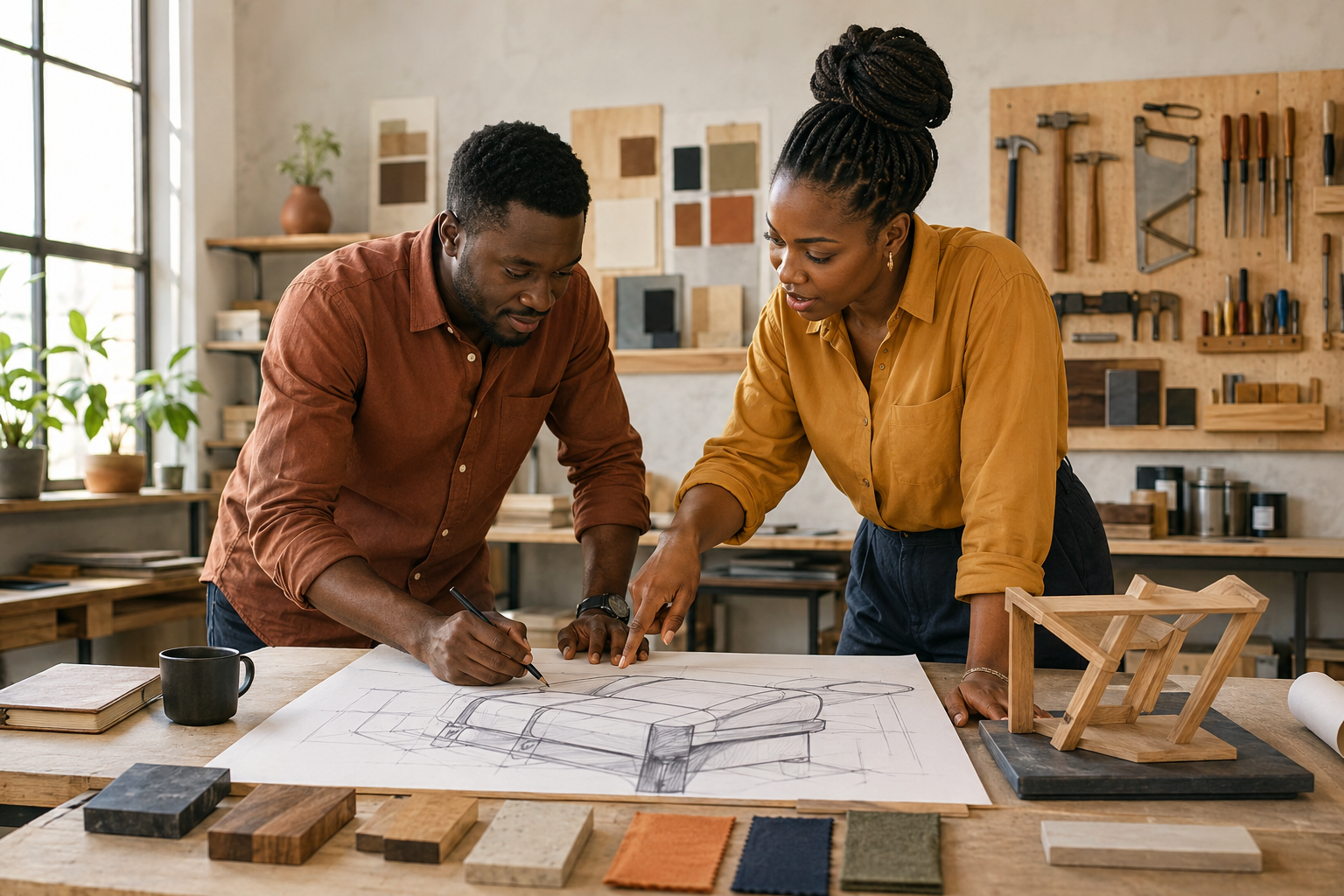 Two business partners talking through a plan in a workshop space