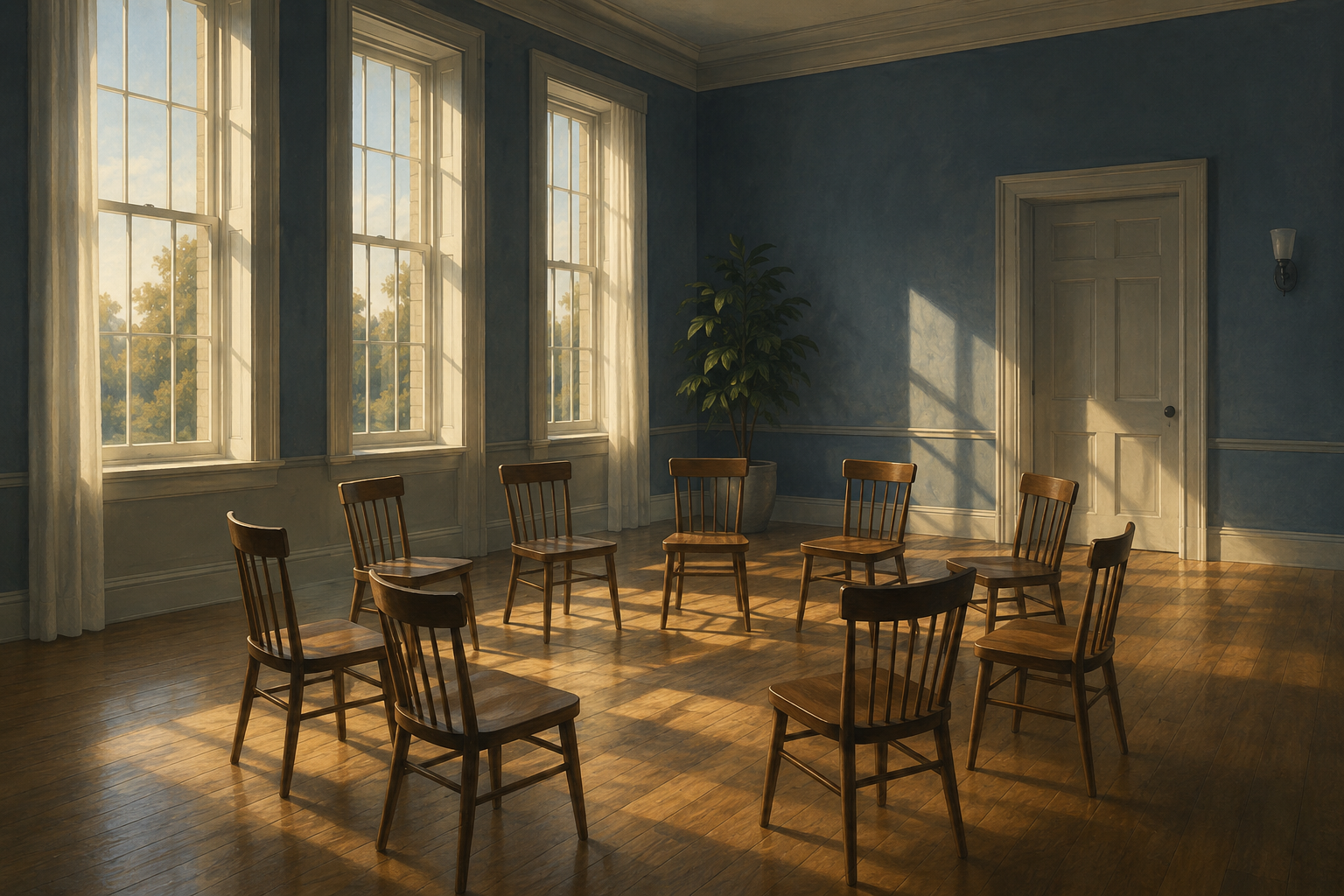 Empty chairs arranged in a circle in a bright room