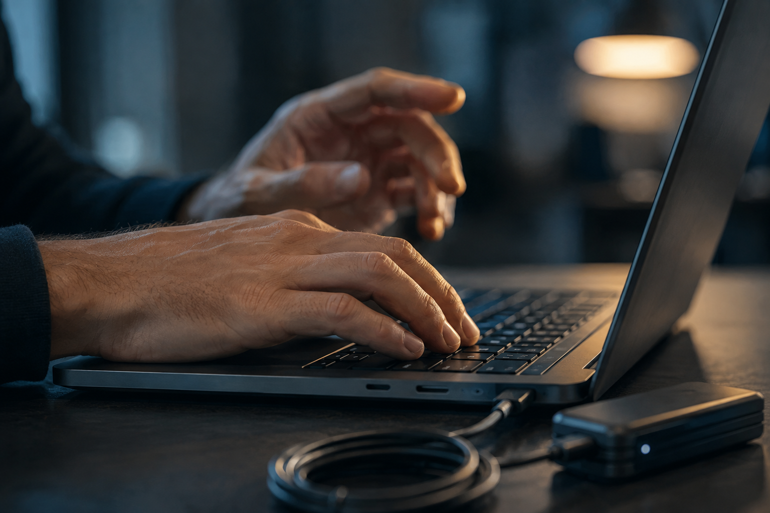 Close-up of hands connecting billing software integration
