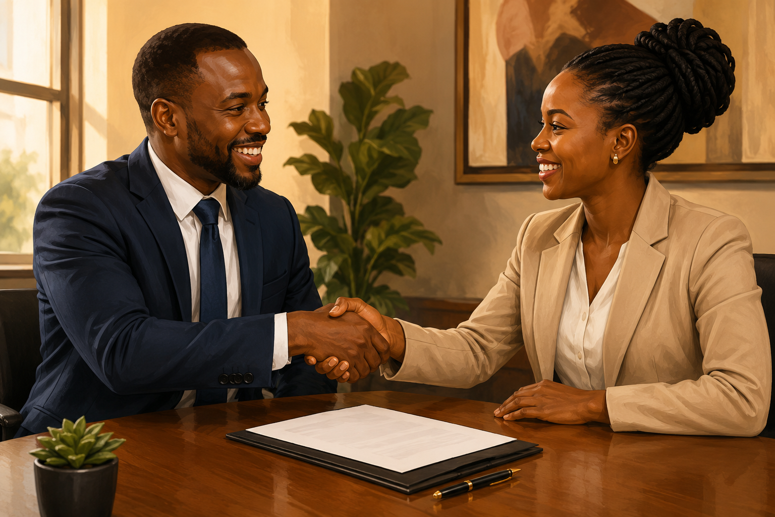 Two people shaking hands over a printed agreement